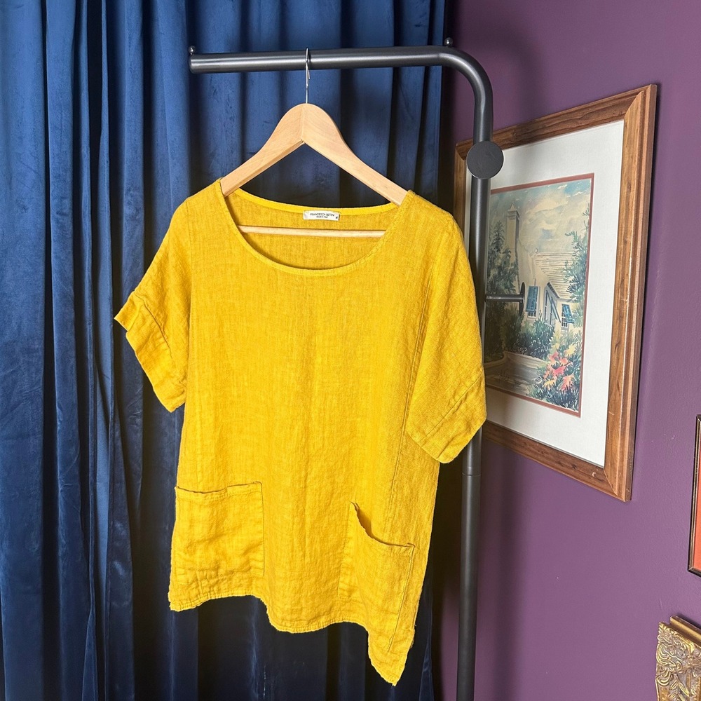 Francesca Bettini 100% Linen Mustard Yellow Pocket Top Made in Italy M